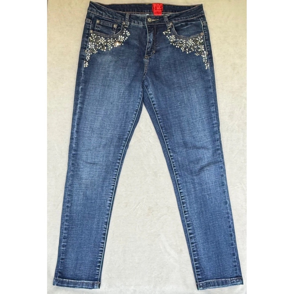 V Cristina Jeans Women's 8 Bedazzled Jeweled Skinny Medium Wash Mid Rise 31x28